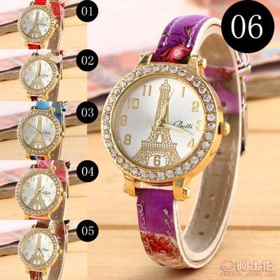 鐵塔細皮帶彩印手表鑲鉆 15年外貿廠家現貨批發(fā)優(yōu)勢